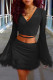 Black Sexy Solid Bandage Patchwork Feathers V Neck Long Sleeve Two Pieces