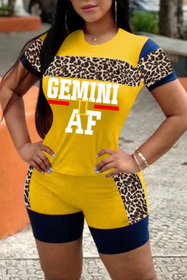 Yellow Casual Letter Print Leopard Patchwork O Neck Short Sleeve Two Pieces