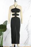 Black Sexy Solid Bandage Hollowed Out Backless Slit Halter Sleeveless Dress Dresses