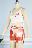 Tangerine Red Casual Print Patchwork U Neck Sleeveless Two Pieces