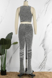 Black White Casual Street Patchwork O Neck Sleeveless Two Pieces