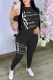 Black Casual Print Letter O Neck Short Sleeve Two Pieces