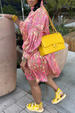 Red Casual Print Patchwork Buckle Turndown Collar Shirt Dress Dresses