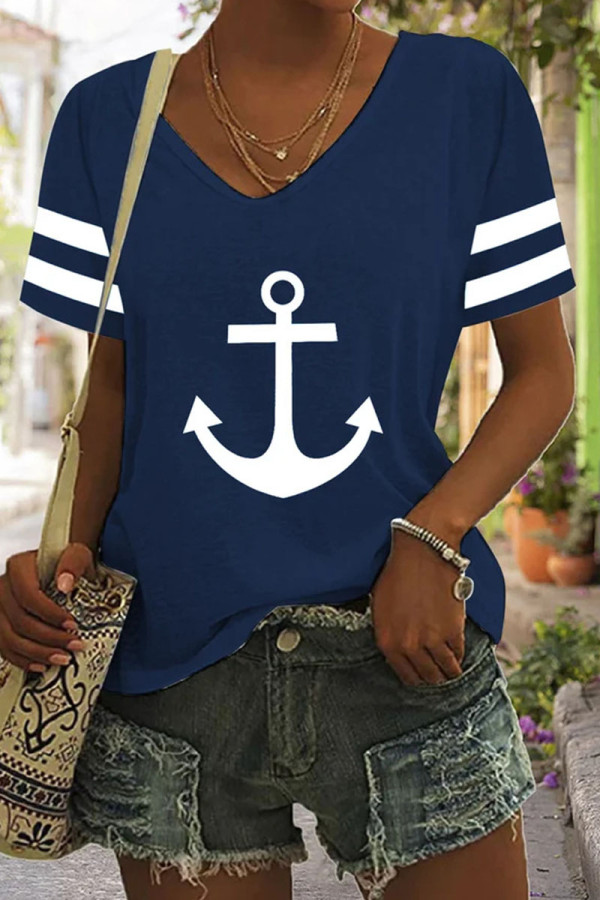 Blue Casual Print Basic V Neck T-Shirts