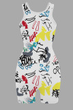 White Street Print Graffiti Patchwork O Neck Skinny Rompers