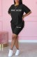 Black Casual Print Letter O Neck Short Sleeve Two Pieces