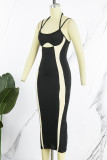 Black Sexy Patchwork Hollowed Out Backless Contrast Spaghetti Strap Sleeveless Dress Dresses