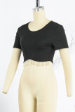 Green Casual Solid Tassel Patchwork Pearl O Neck T-Shirts