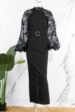 Black Casual Elegant Solid Patchwork With Belt O Neck One Step Skirt Dresses