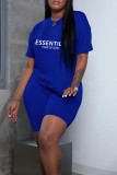 Blue Casual Letter Print Solid Basic O Neck Short Sleeve Two Pieces