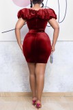 Blue Casual Solid Patchwork Off the Shoulder Short Sleeve Dress Dresses