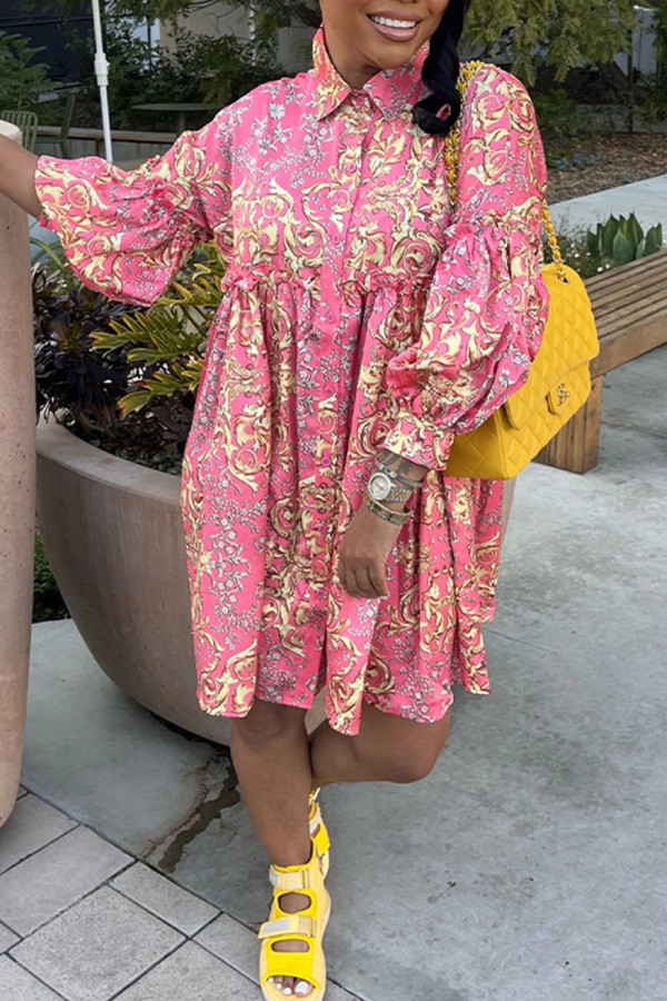Red Casual Print Patchwork Buckle Turndown Collar Shirt Dress Dresses