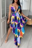 Colour Sexy Print Backless Cross Straps V Neck Irregular Dress Dresses