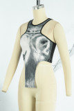 Black Sexy Print Asymmetrical O Neck Tops