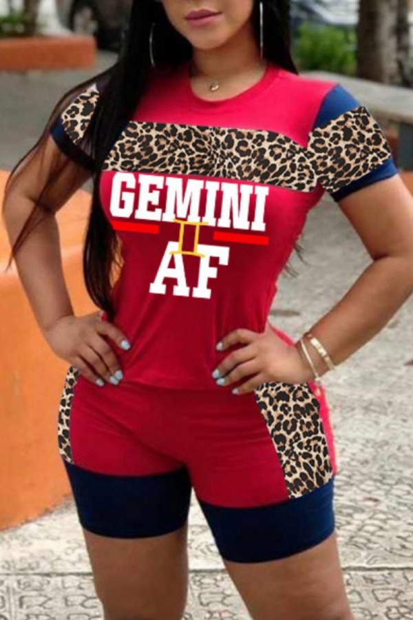 Red Casual Letter Print Leopard Patchwork O Neck Short Sleeve Two Pieces