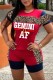 Red Casual Letter Print Leopard Patchwork O Neck Short Sleeve Two Pieces
