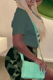 Ink Green Casual Camouflage Print Patchwork O Neck Short Sleeve Two Pieces