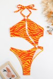 Orange Sexy Print Bandage Hollowed Out Backless Asymmetrical Swimwears (With Paddings)