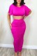 Deep Pink Casual Solid Fold O Neck Short Sleeve Two Pieces