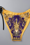 Yellow Sexy Print Bandage Backless Swimwears (Without Paddings)