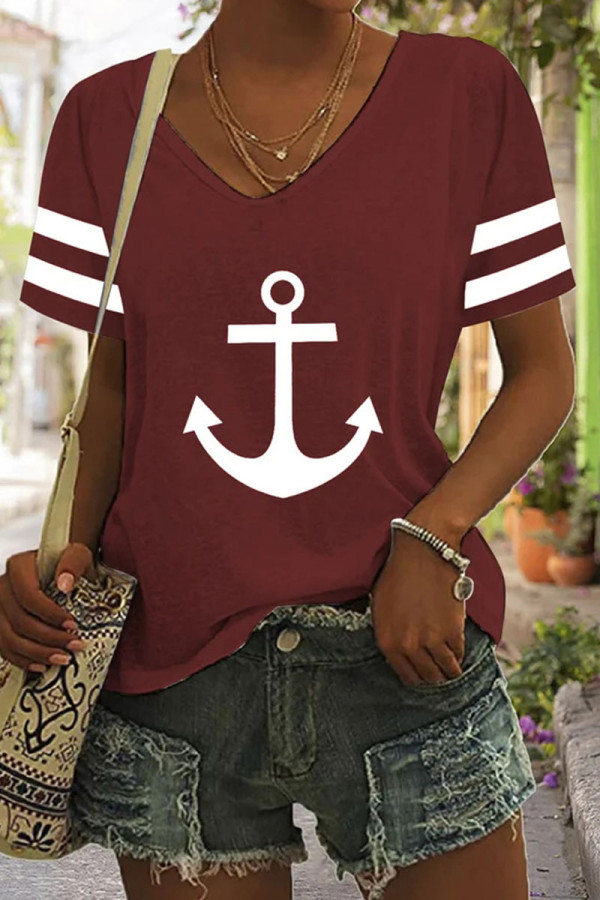 Burgundy Casual Print Basic V Neck T-Shirts