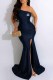Navy Blue Sexy Print Slit Letter Off the Shoulder Wrapped Skirt Dresses