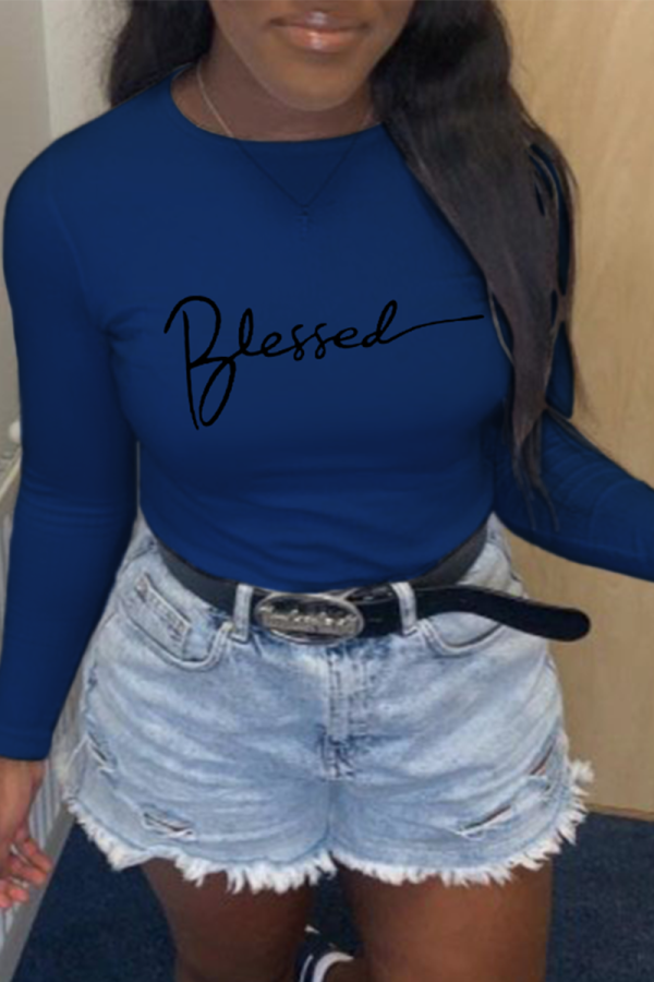 Navy Blue Street Print Patchwork Letter O Neck Tops