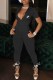Black Casual Print Letter Turndown Collar Jumpsuits