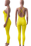 Yellow Sexy Solid Patchwork Spaghetti Strap Skinny Jumpsuits