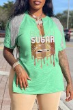 Pink Casual Print Tassel Patchwork V Neck T-Shirts