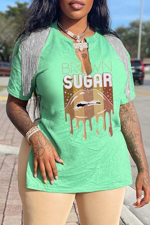 Green Casual Print Tassel Patchwork V Neck T-Shirts
