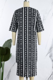 Black Casual Print Patchwork Buttons O Neck Straight Dresses