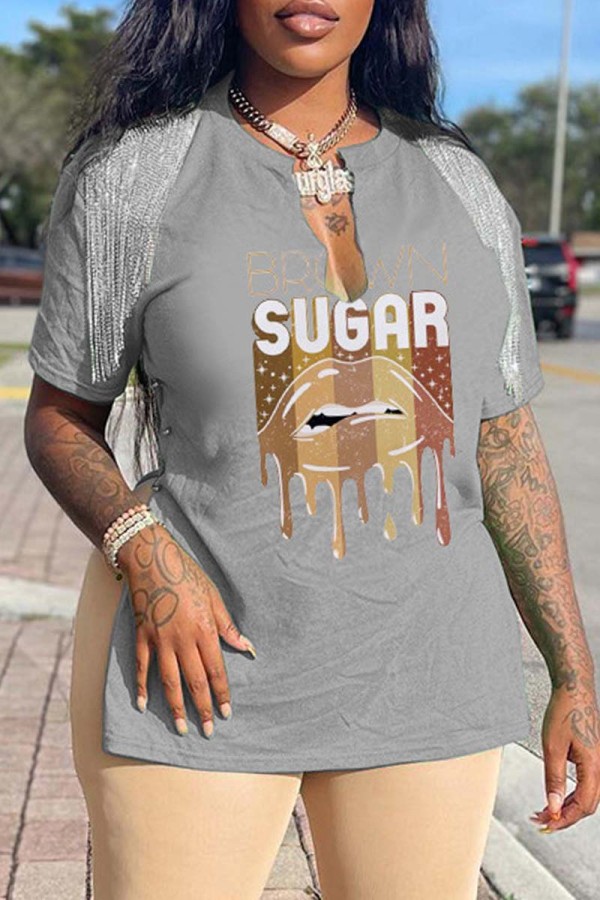 Grey Casual Print Tassel Patchwork V Neck T-Shirts