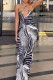 Black Sexy Print Backless V Neck Long Dress Dresses