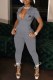 Grey Casual Print Letter Turndown Collar Jumpsuits