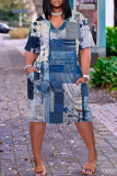 Blue Gray Casual Print Patchwork Pocket V Neck Short Sleeve Dress