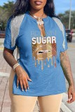 Pink Casual Print Tassel Patchwork V Neck T-Shirts