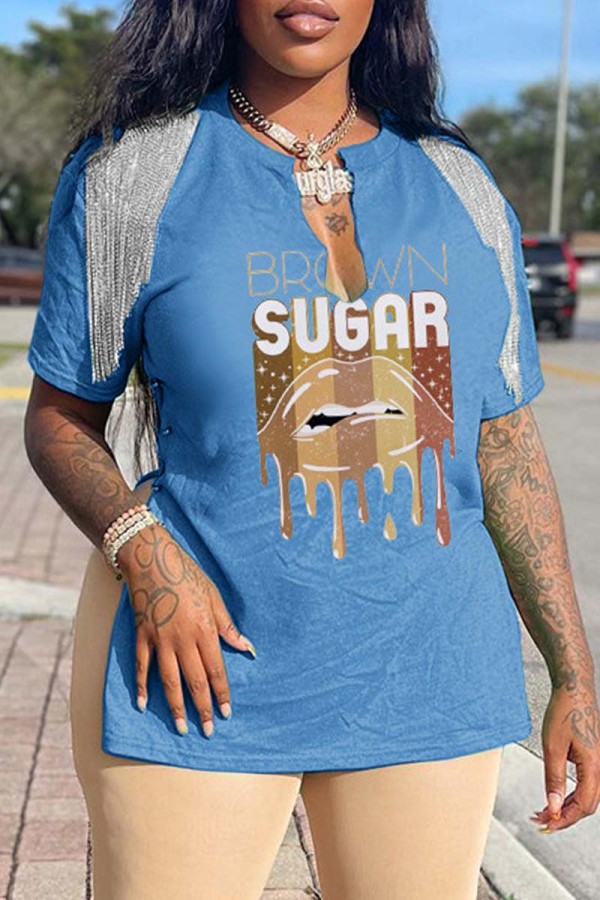 Blue Casual Print Tassel Patchwork V Neck T-Shirts