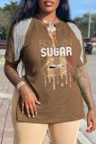 Pink Casual Print Tassel Patchwork V Neck T-Shirts