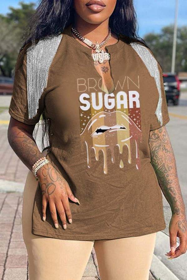 Coffee Casual Print Tassel Patchwork V Neck T-Shirts