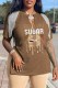 Coffee Casual Print Tassel Patchwork V Neck T-Shirts