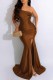 Dark Brown Sexy Print Slit Letter Off the Shoulder Wrapped Skirt Dresses