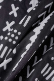 Black Casual Print Patchwork Buttons O Neck Straight Dresses
