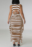 Red Casual Striped Print Patchwork Flounce O Neck Sleeveless Two Pieces