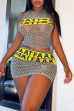 Grey Sexy Print Mesh O Neck Sleeveless Two Pieces