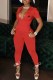 Red Casual Print Letter Turndown Collar Jumpsuits