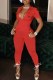 Red Casual Print Letter Turndown Collar Jumpsuits