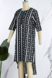 Black Casual Print Patchwork Buttons O Neck Straight Dresses