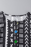 Black Casual Print Patchwork Buttons O Neck Straight Dresses