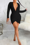 Red Sexy Solid Patchwork V Neck Pencil Skirt Dresses